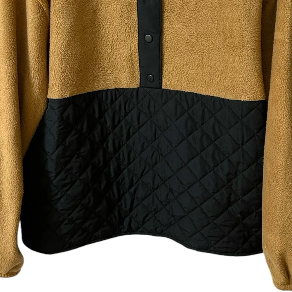 J Crew Factory Quilted Black and Tan Sherpa 1/4 Snap Neckline Pull Over Top - Picture 10 of 12